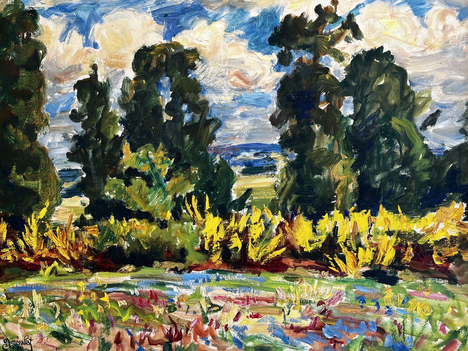 Country Landscape, Original Large French Oil On Canvas Painting photo vinterior