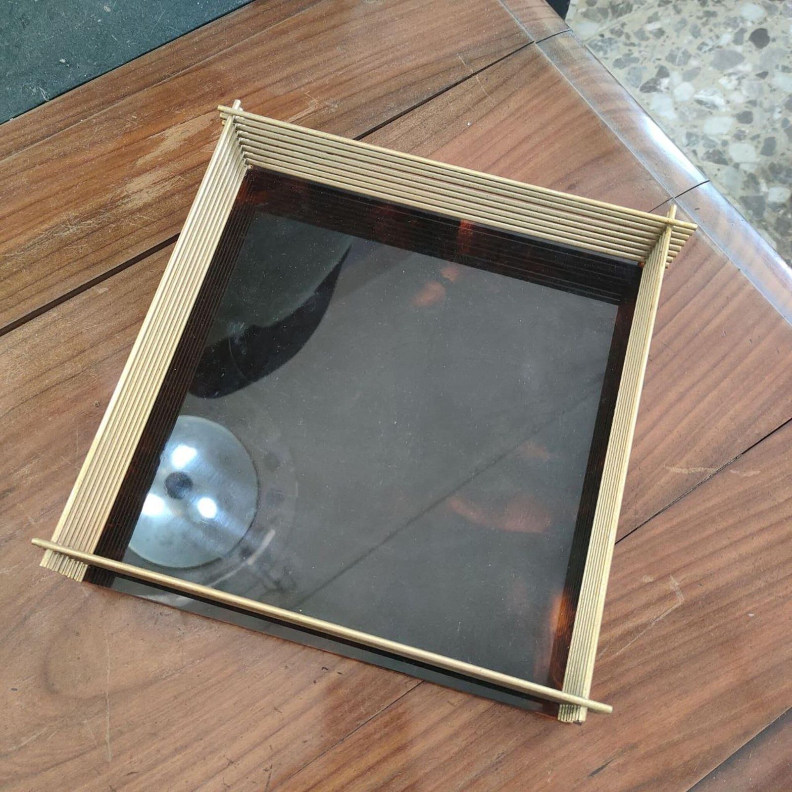 Mid Century Modern  Italian  Lucite “Tortoise” Catchall Tray With Brass Rim 1970 photo vinterior