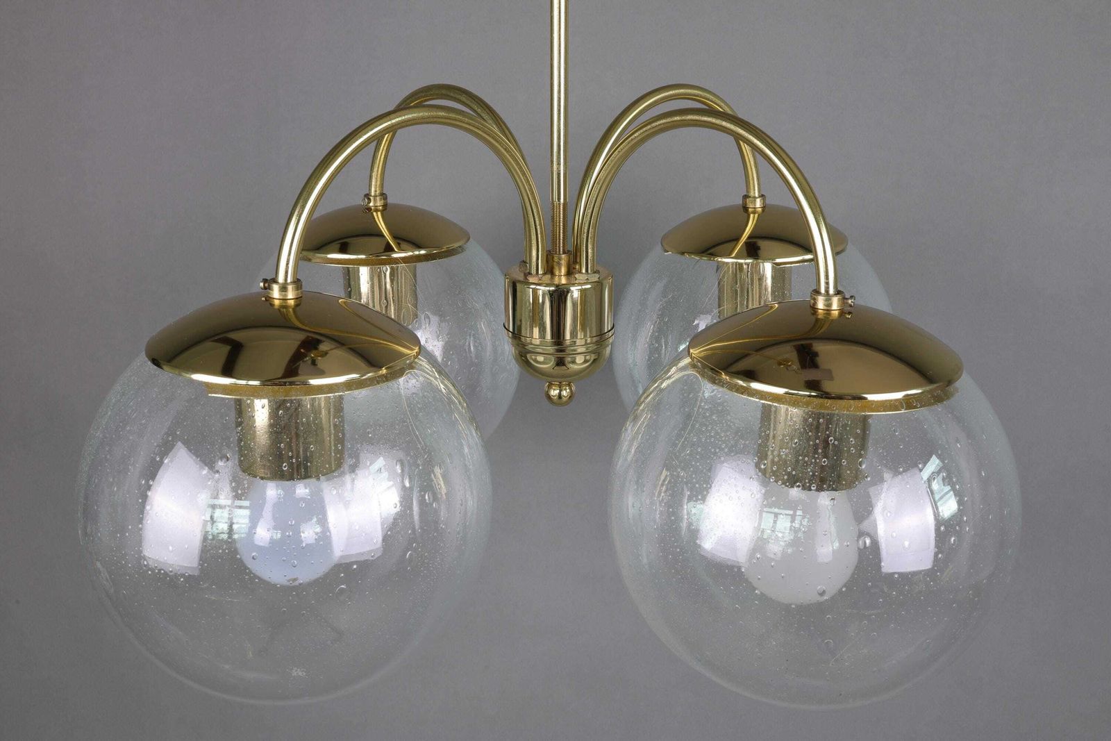 Kamenický šenov Bubble Glass Chandelier | Czech Brass Pendant Lamp | 4 Globe Mid Century Ceiling Light | Vintage Czech Lighting photo for sale
