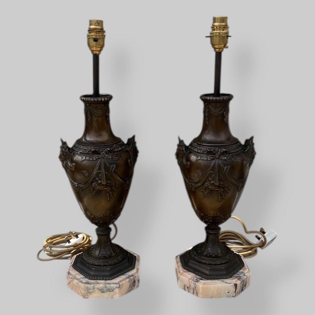 Early C20th Ornate French Bronze Lamps With Marble Bases photo buy
