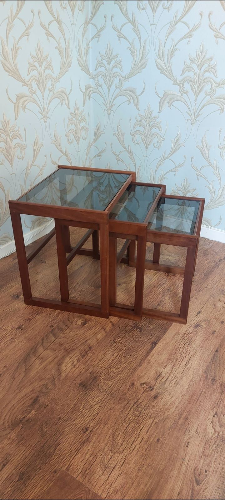 Retro 1960 Afromosia Teak & Glass Nest Of Tables photo vintage