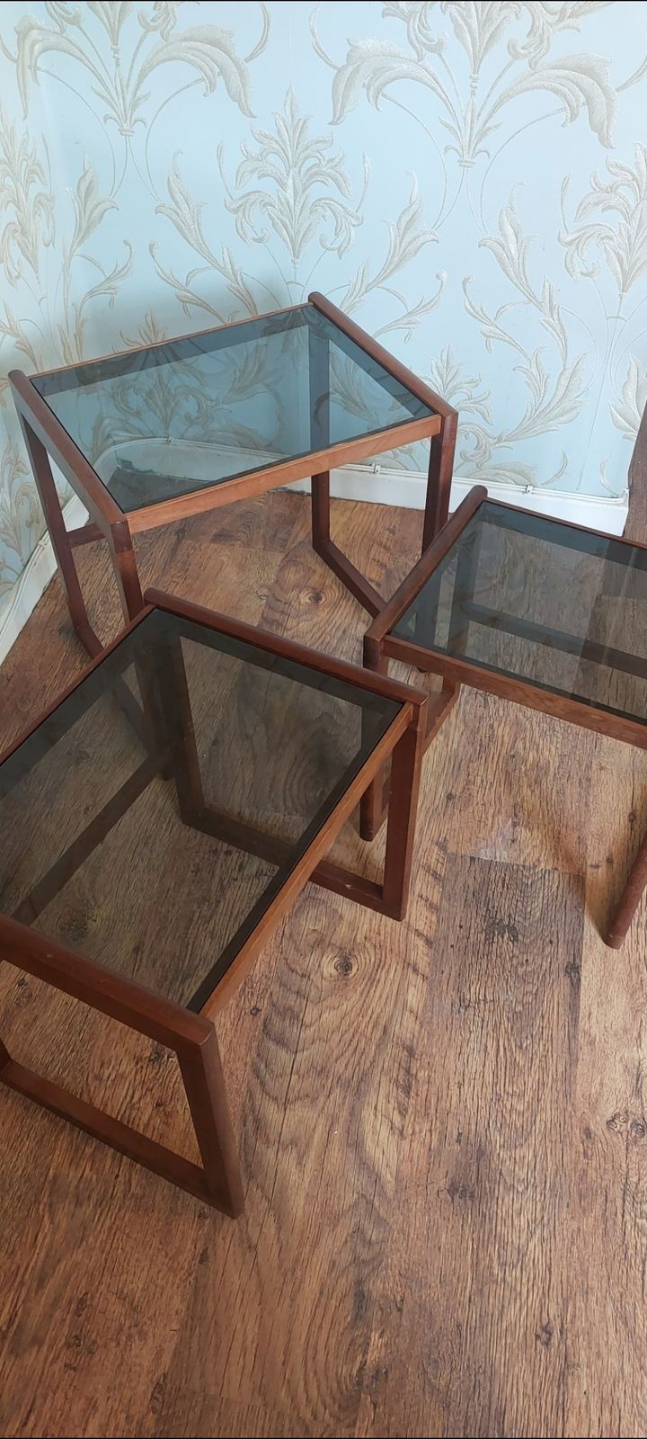 Furniture Retro 1960 Afromosia Teak & Glass Nest Of Tables photo
