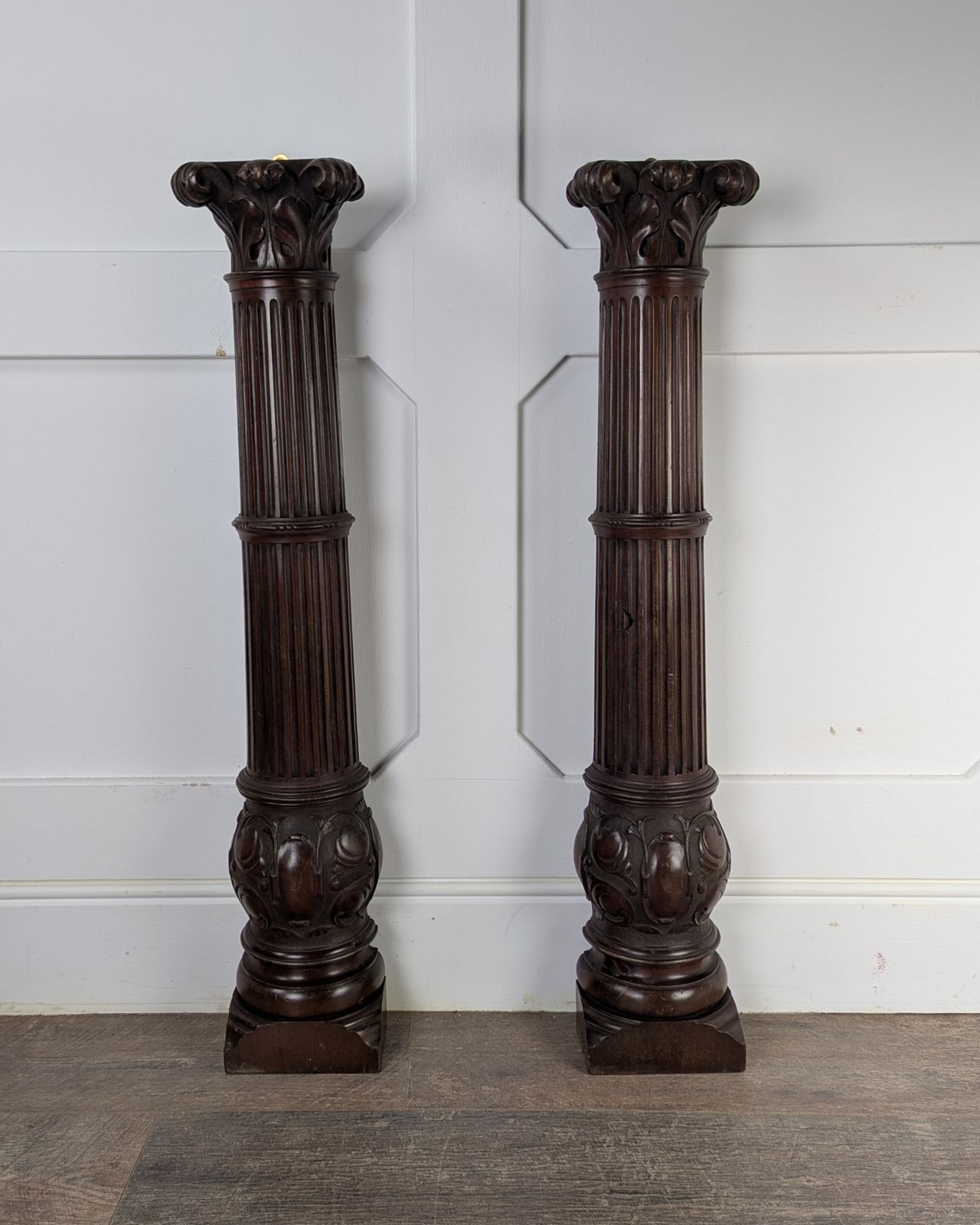 photo for sale Pair Of Carved Mahogany Reeded Corinthian Half Columns