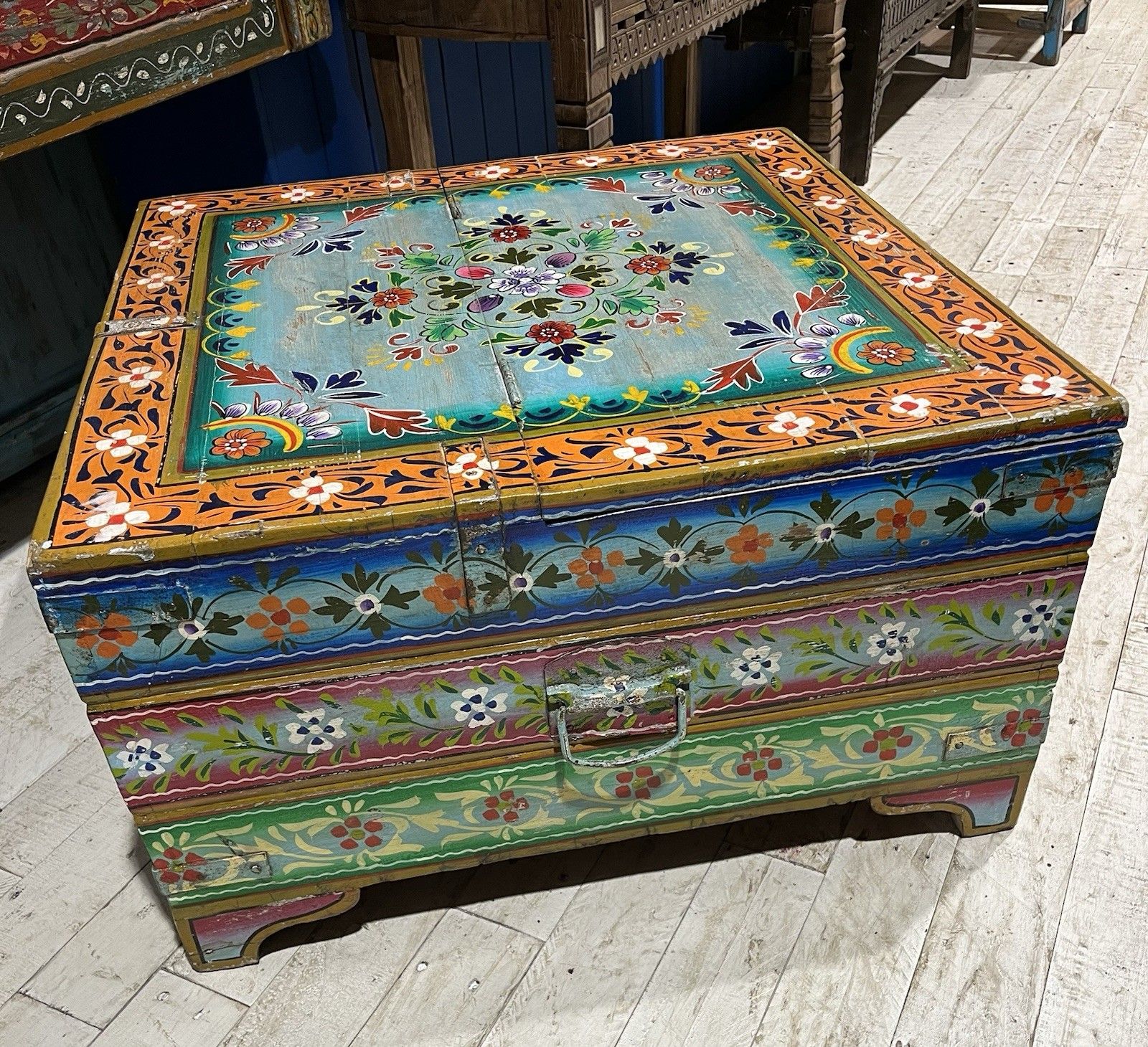 Vintage Culture Unique Reclaimed Hand Painted Lift Up Lid Chest Coffee Table photo vinterior