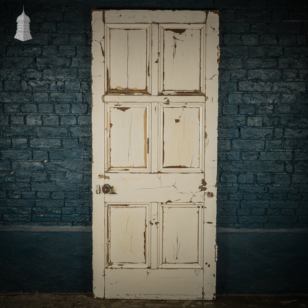 photo furniture Pitch Pine 6 Panel Door, Distressed White Paint And Faux Woodgrain