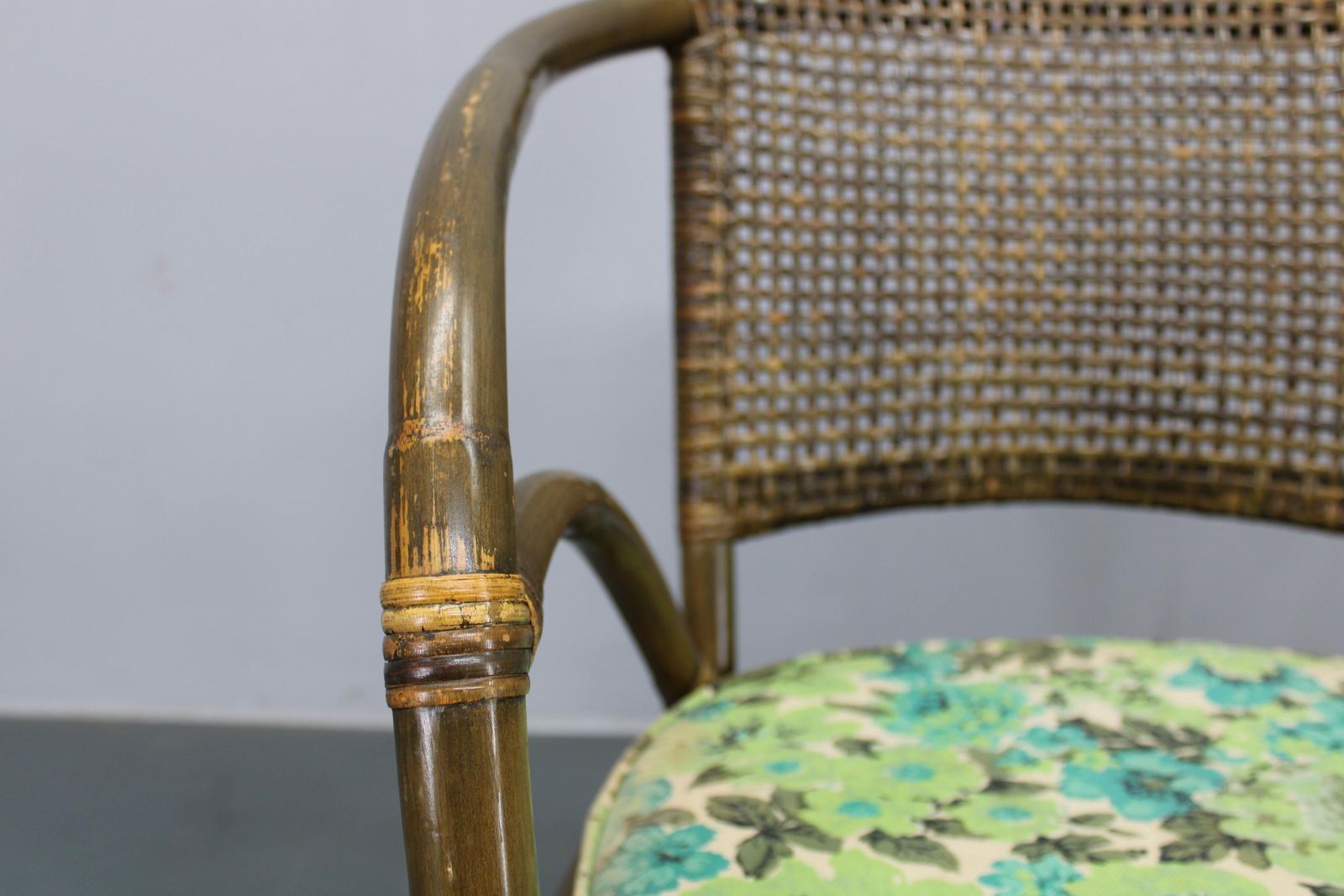 photo for sale 1980s Set Of Four Rattan Armchairs With Fabric Pillows