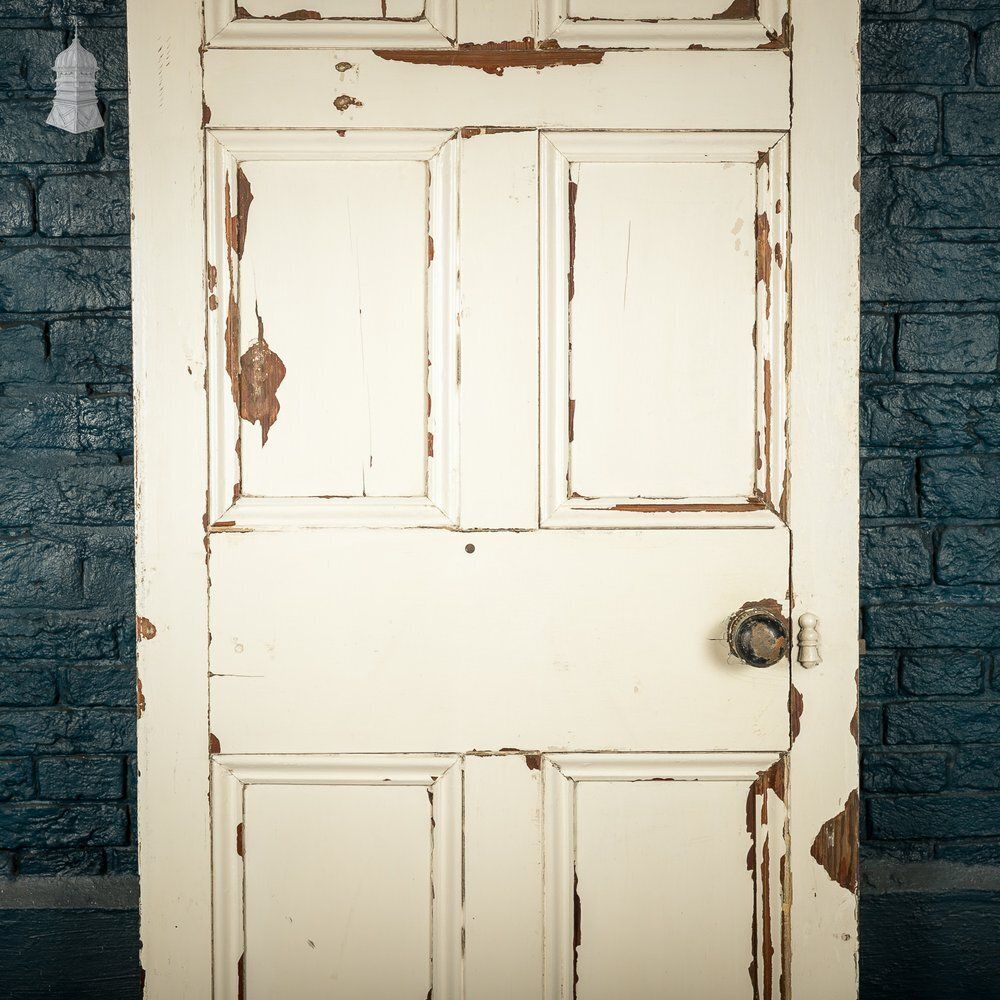 6 Panel Pitch Pine Door, Original Hardware, Distressed White Paint And Faux Woodgrain photo 360.0