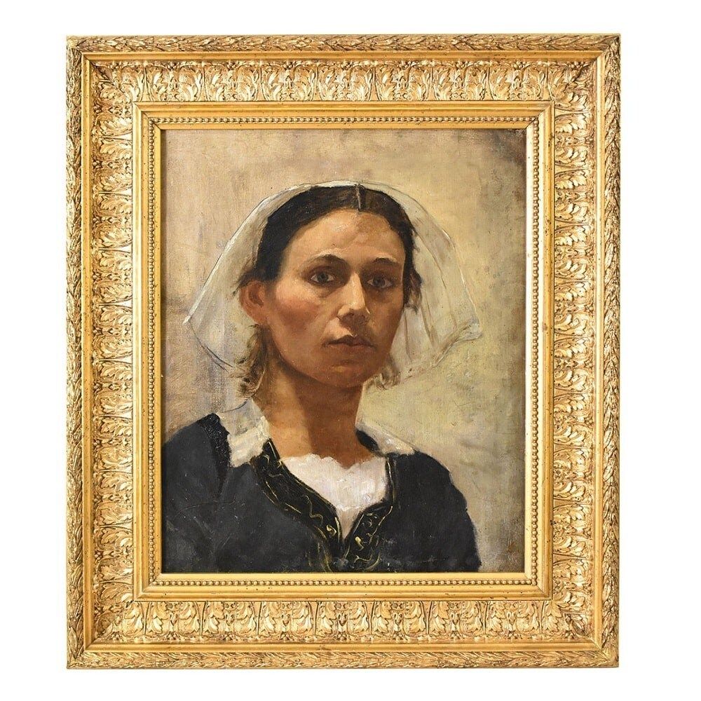 Antique Oil Portrait Painting, Young Breton Girl, Young Woman, Canvas, XIX Century. (Qr572)