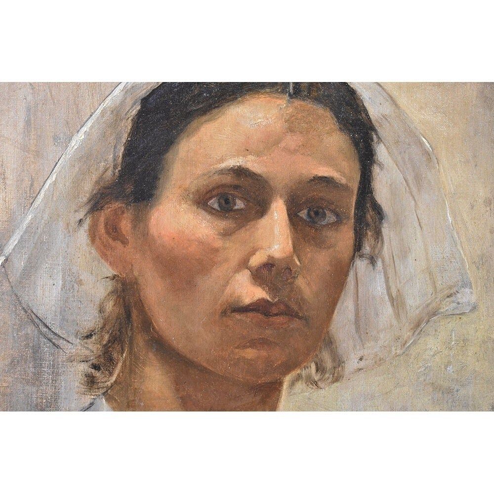 Antique Oil Portrait Painting, Young Breton Girl, Young Woman, Canvas, XIX Century. (Qr572) photo Art