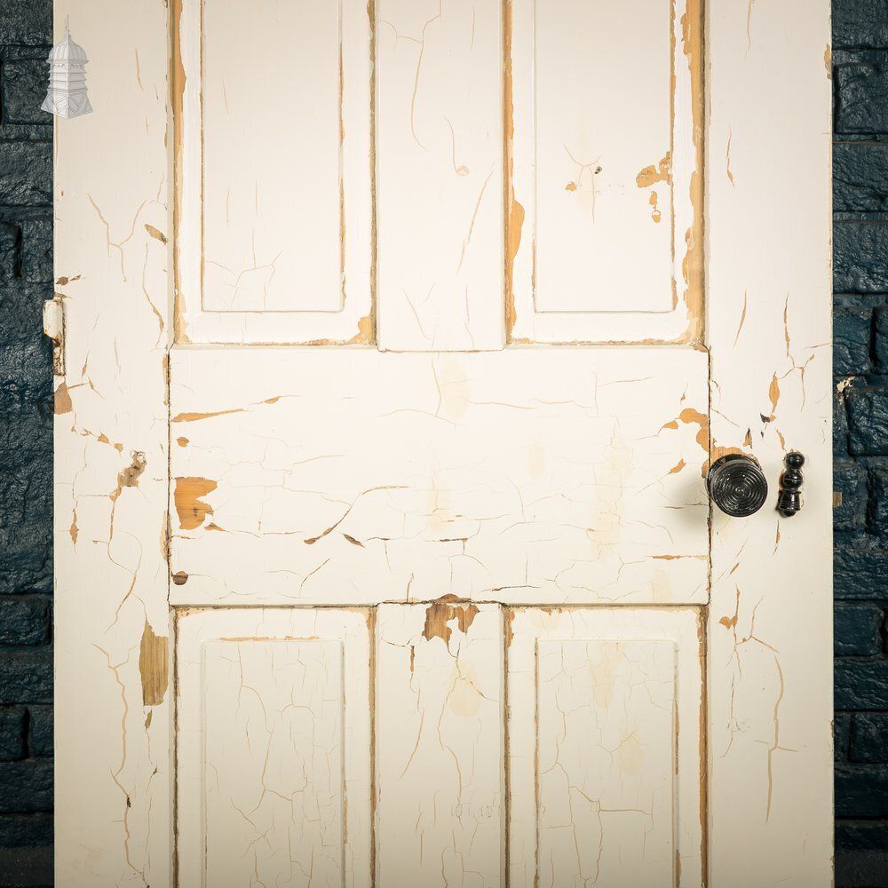 Moulded 4 Panel Door – Worn White Paint, Honey Pot Handles photo for sale