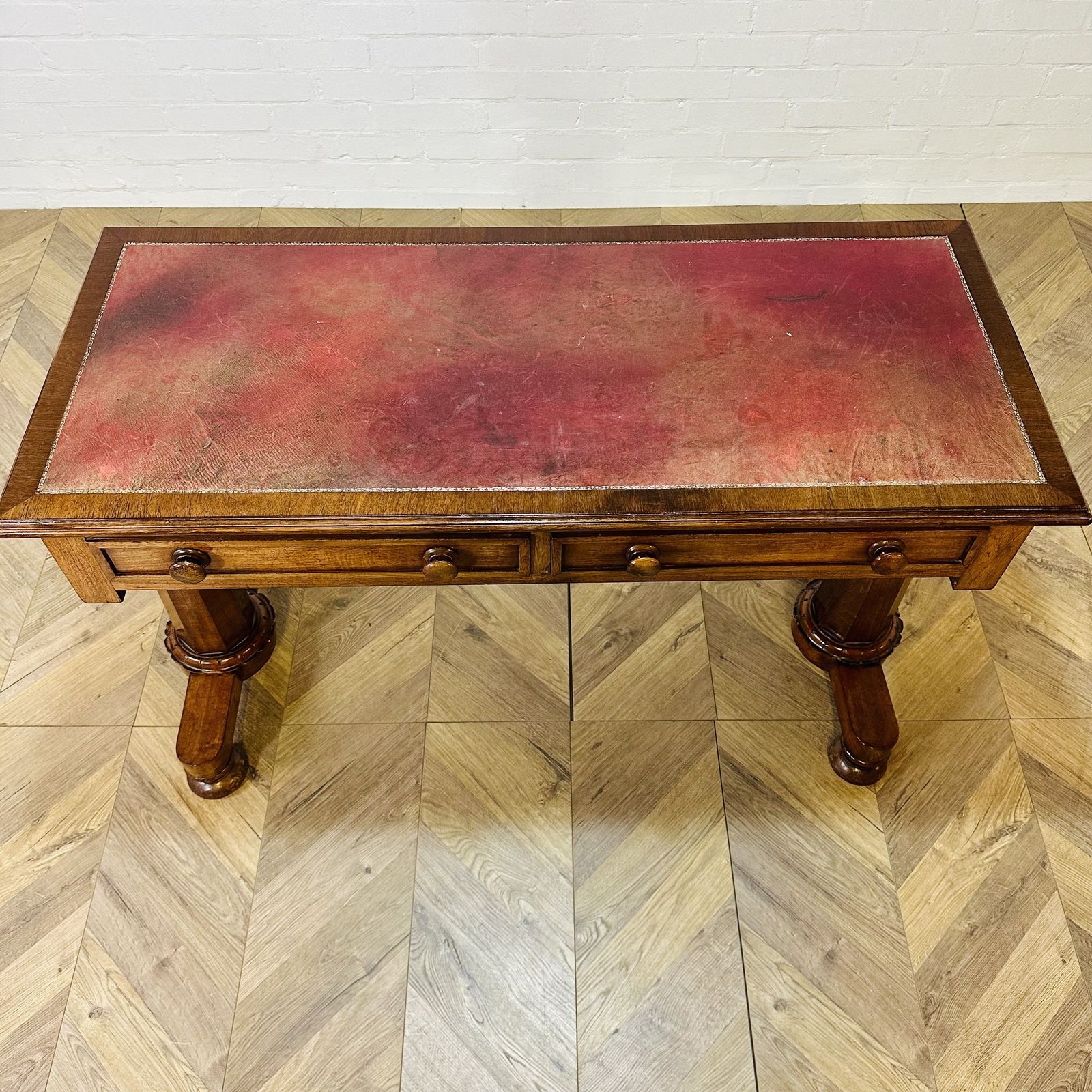 photo for sale Antique English William IV Mahogany Library Table, Leather Top, 1830s