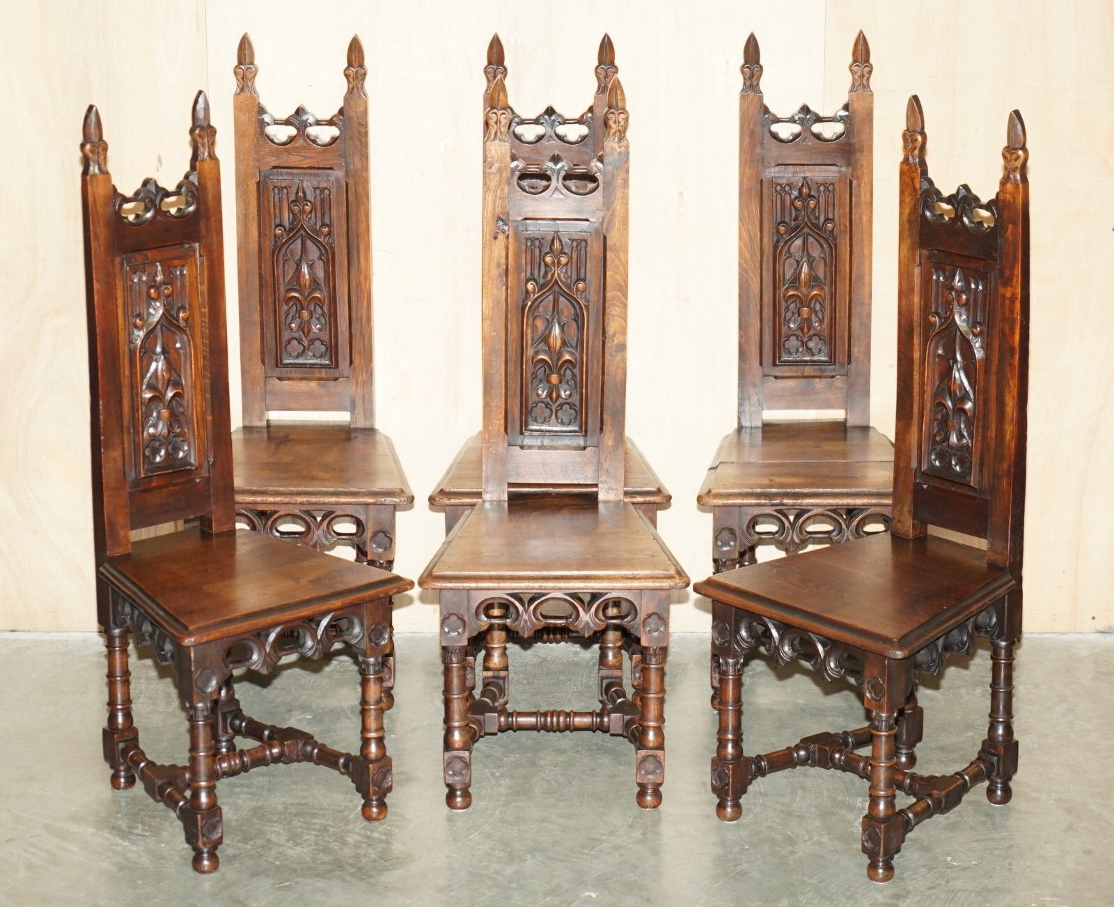 Six Original Victorian Circa 1880 Steeple Back Gothic Arch Oak Dining Chairs 6