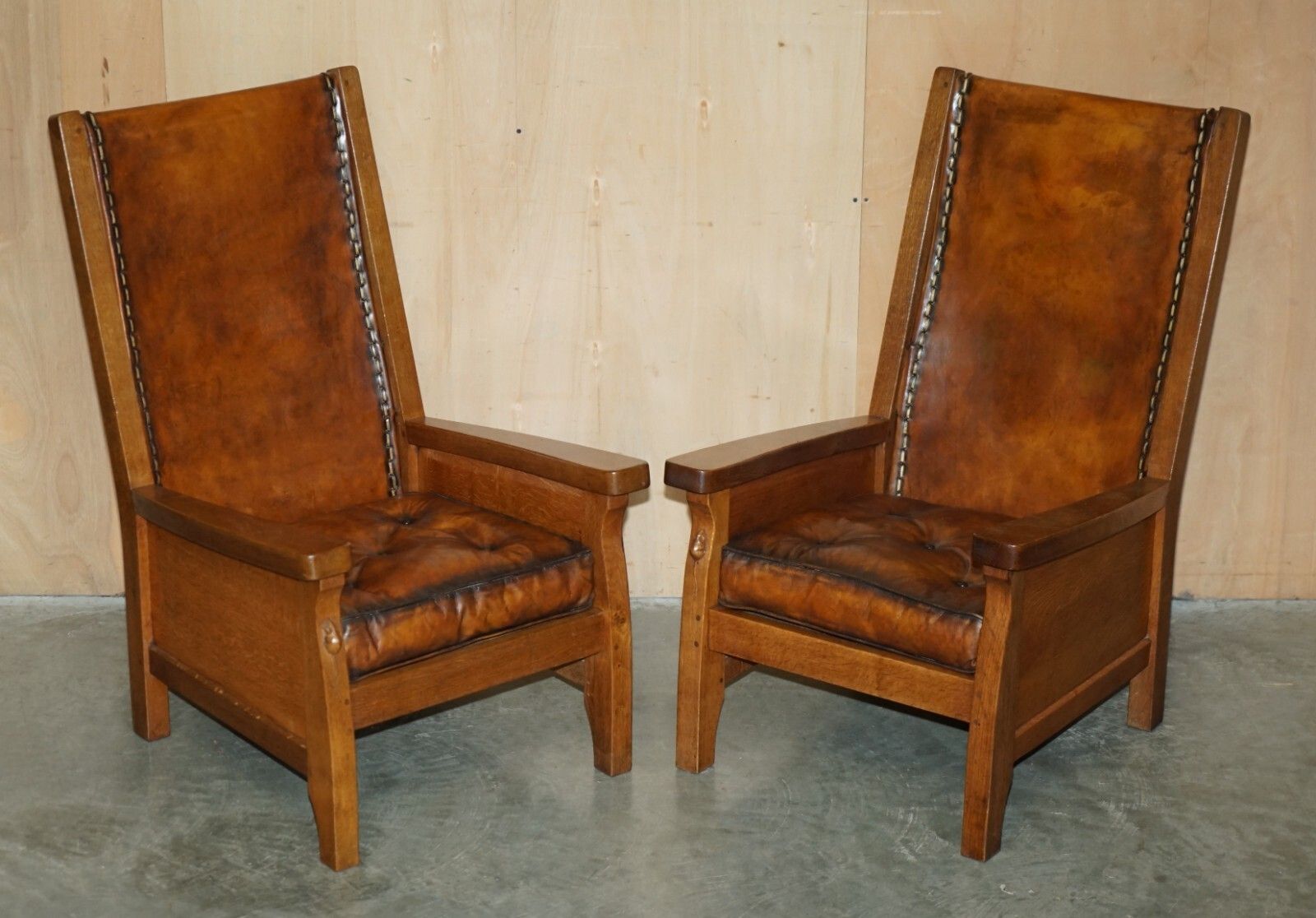 Pair Of 1940'S Robert Mouseman Thompson Brown Leather Chesterfield Armchairs photo furniture