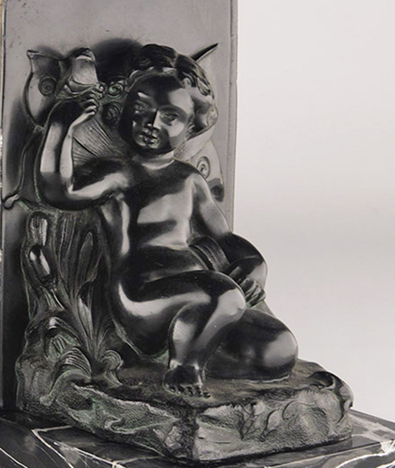 Set Of Early 20th Century French Art Déco Zamac Winged Cherub/Fairy Child Bookends With Marble Base photo vintage