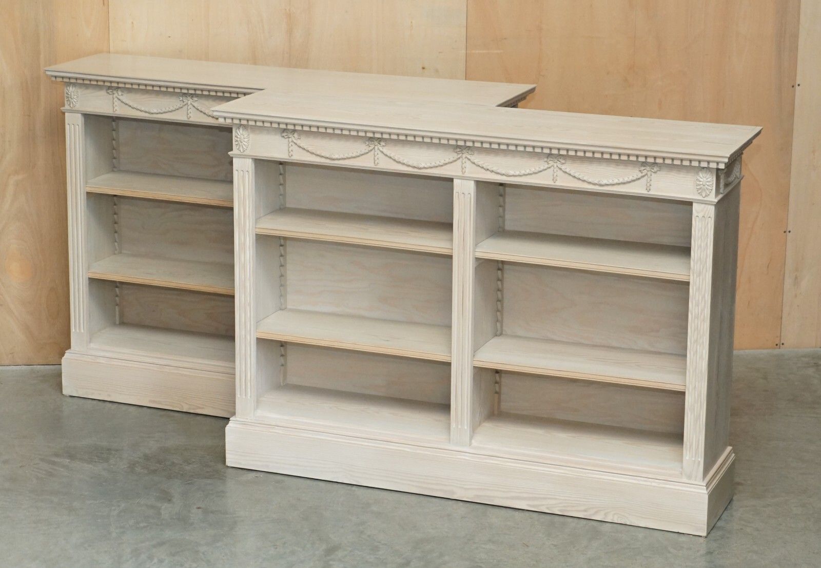 Pair Of Vintage French Limed Oak Open Library Bookcases Height Adjustable Shelfs