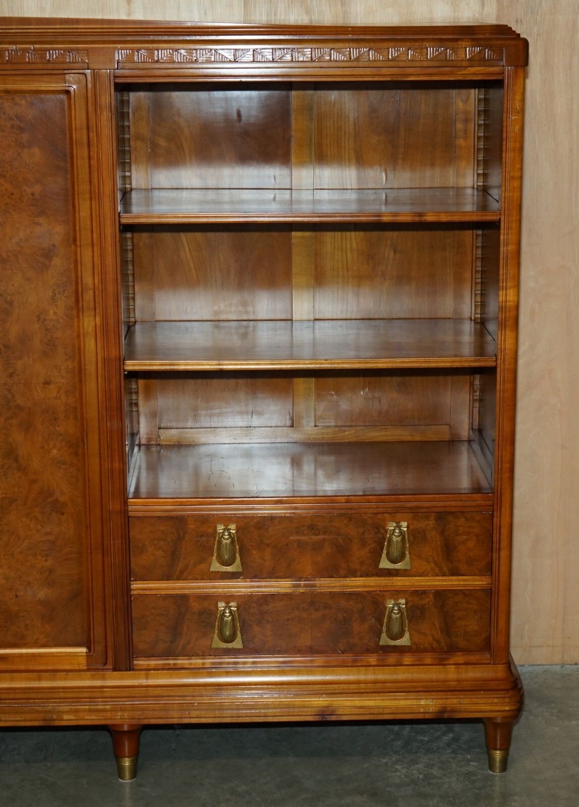 14950.0 French Leon Jallot Art Nouveau Burr Walnut Bookcase Chest Of Drawers Part Suite photo