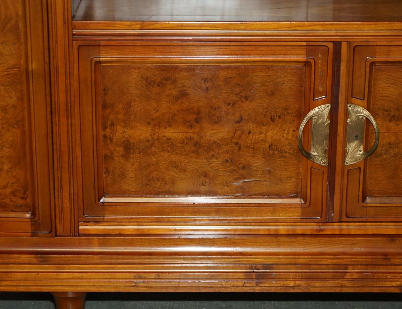 photo for sale French Leon Jallot Art Nouveau Burr Walnut Bookcase Cabinet Cupboards Part Suite