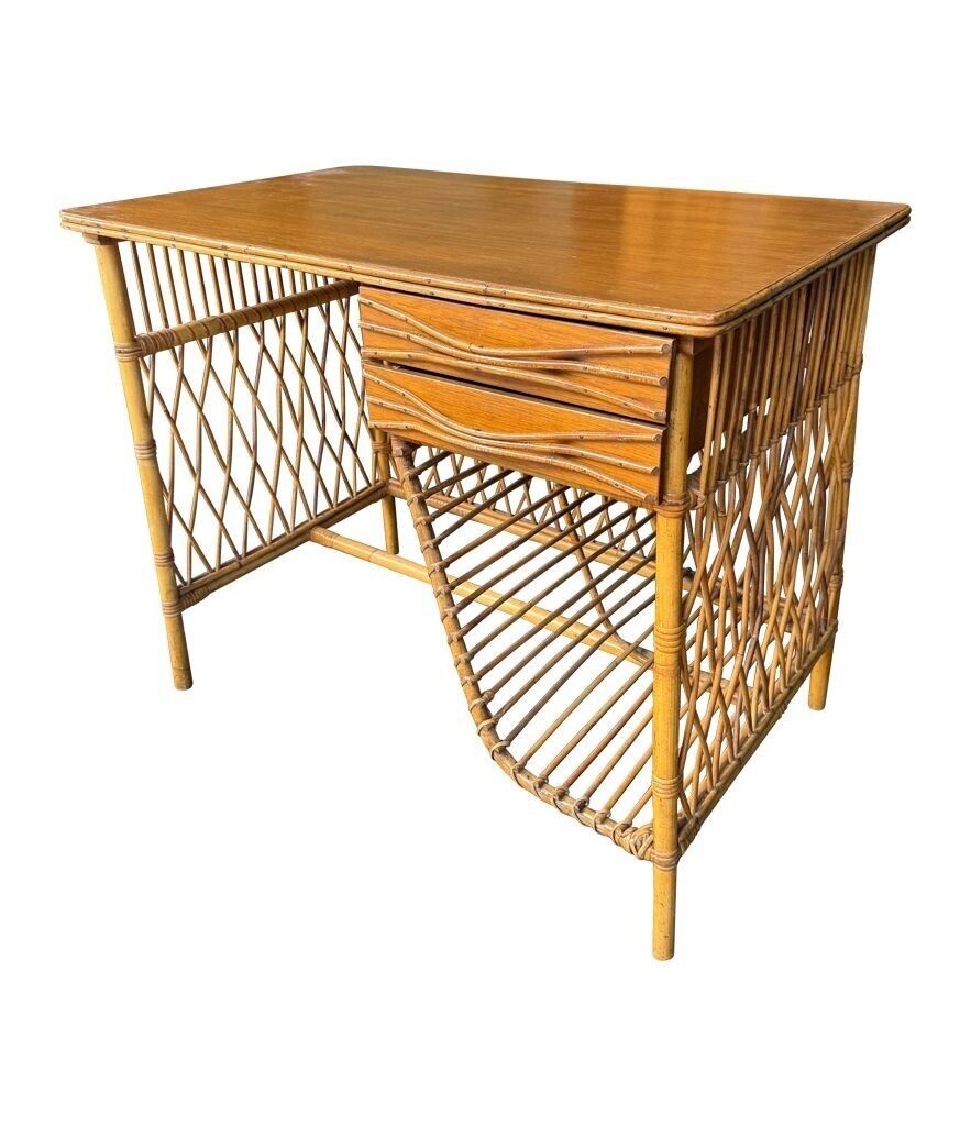 A Lovely 1970s Italian Woven Bamboo, Two Drawer Desk By Bonacina