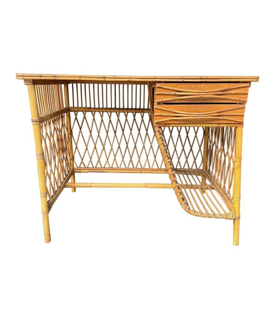 A Lovely 1970s Italian Woven Bamboo, Two Drawer Desk By Bonacina photo furniture
