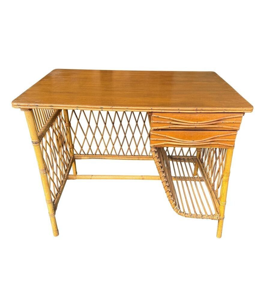 photo for sale A Lovely 1970s Italian Woven Bamboo, Two Drawer Desk By Bonacina