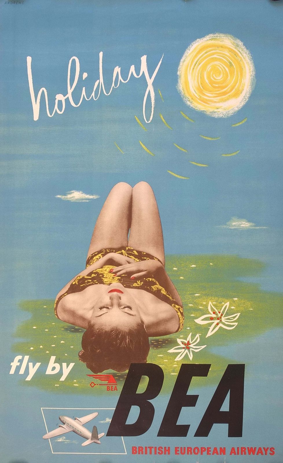 1940s Fly By British European Airways Holiday   Original Vintage Poster