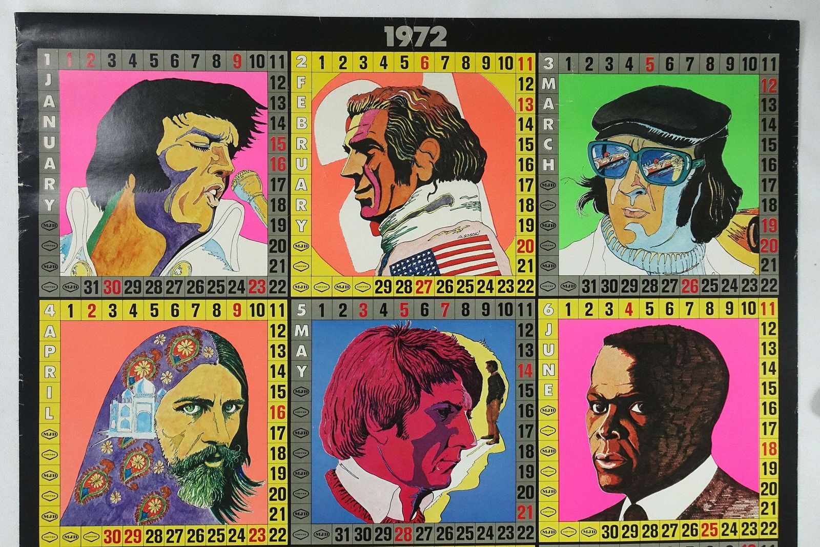 1972 Coffee Celebrities Calendar Feat. Elvis Presley, Steve Mcqueen, Sidney Poitier And More   Original Vintage Poster photo vinterior