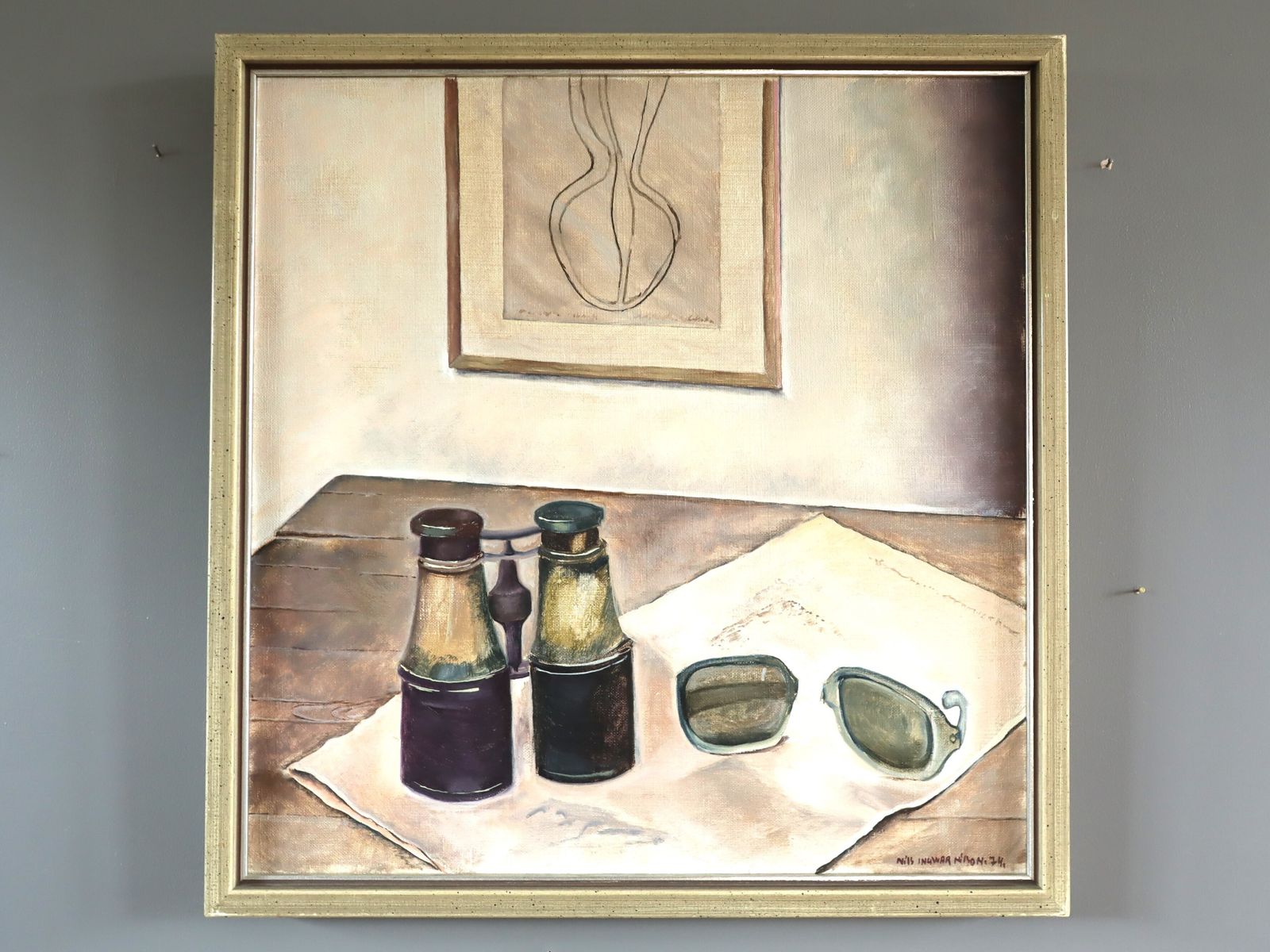 Stilleven met verrekijker, olieverfschilderij