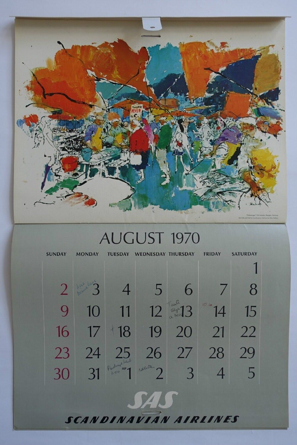 1970 Sas Airlines Calendar By Otto Nielsen   Original Vintage Calendar photo for sale