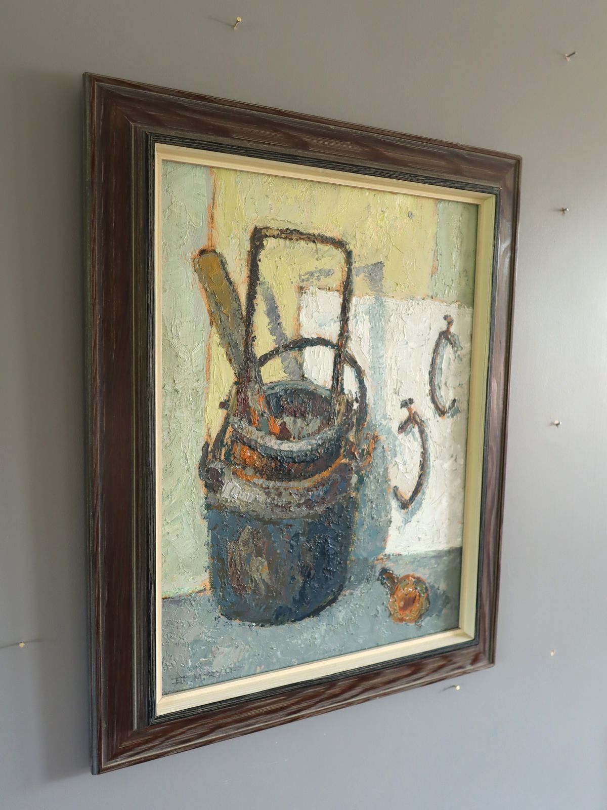 Buckets & Hooks, Oil Painting, Mid 20th Century photo for sale