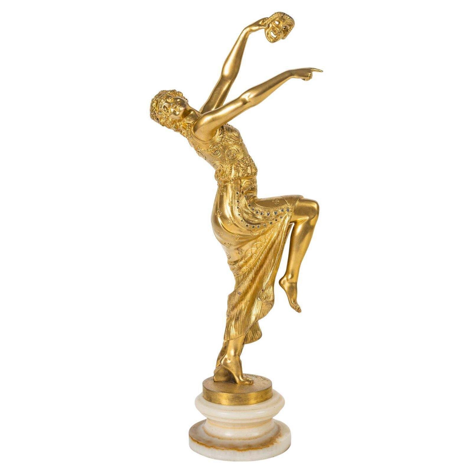 Gilt Bronze Sculpture, Onyx Base By Joe Descomps, 1900, Art Nouveau.