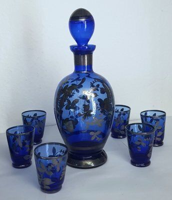 Blue Liqueur Glass Decanter And Glasses With Silver Overlay, Set Of 7