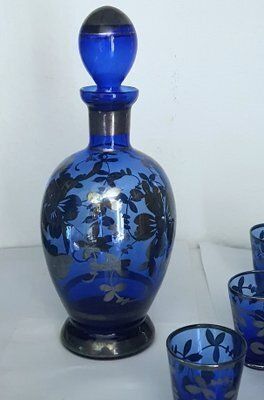 Blue Liqueur Glass Decanter And Glasses With Silver Overlay, Set Of 7 photo Home Decor