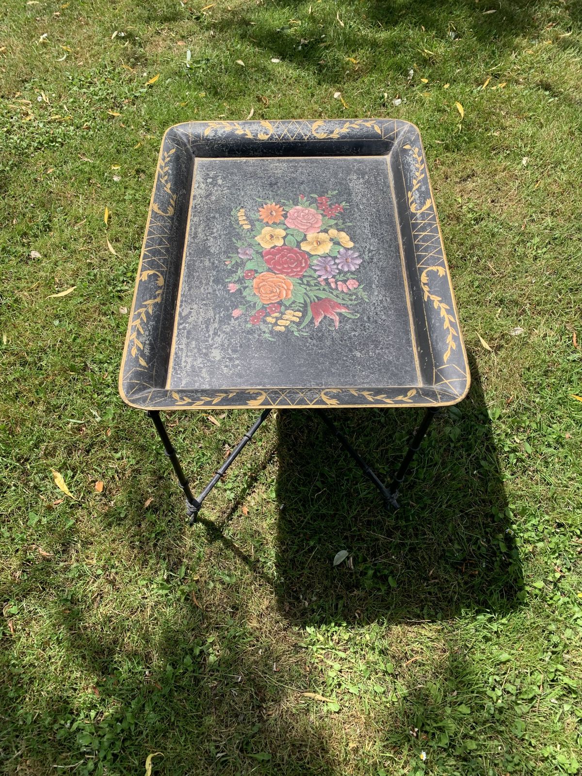 A French Hand Painted Metal Tray On Simulated Bamboo Stand photo for sale