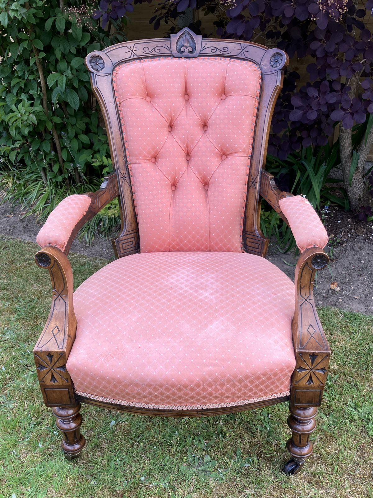Victorian Walnut Button Back Open Armchair, Circa 1880