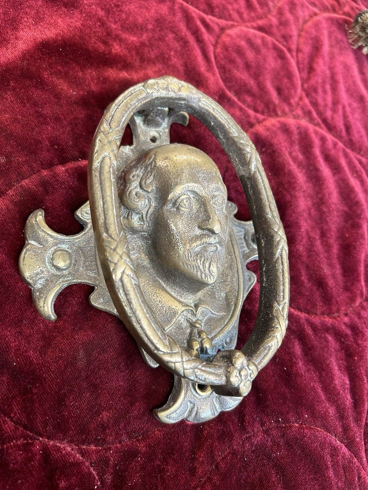 Solid Brass Front Door Knocker Reclaimed Period Quaint Shakespare  Patina Old photo for sale