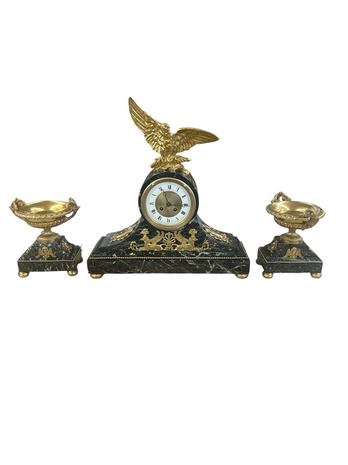 Antique Mantel Clock 19th Century Green Marble Ormulu Bronze Urn Set French Old