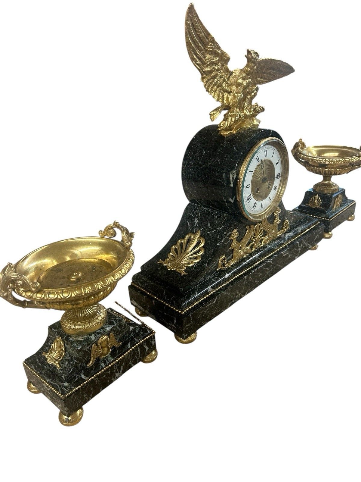 Antique Mantel Clock 19th Century Green Marble Ormulu Bronze Urn Set French Old photo furniture