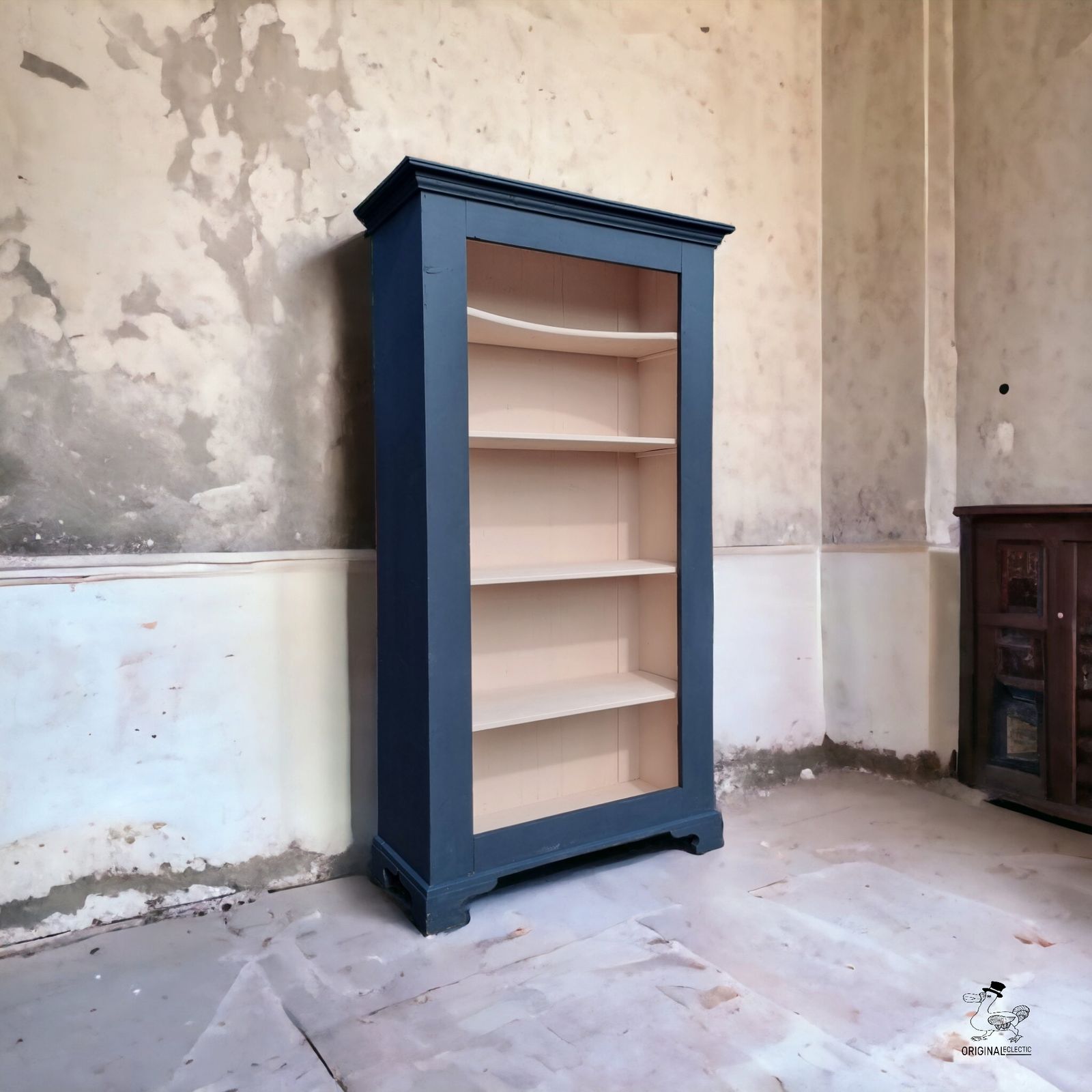 Rustic Antique Pine Bookcase In Farrow & Ball Off Black & Pink Worn Paint photo furniture