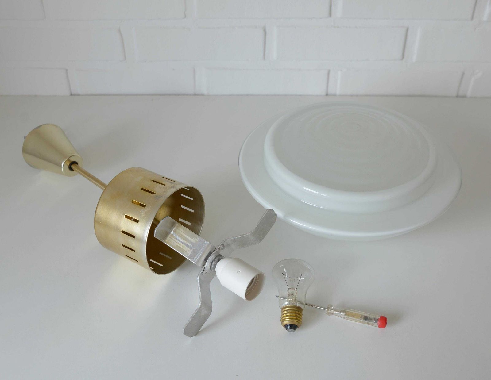 Vintage Scandinavian Pendant Light / Minimalist Mid Century Modern Chandelier / White Glass Ufo Hanging Lamp / Space Age Yugoslavia 1960's photo buy