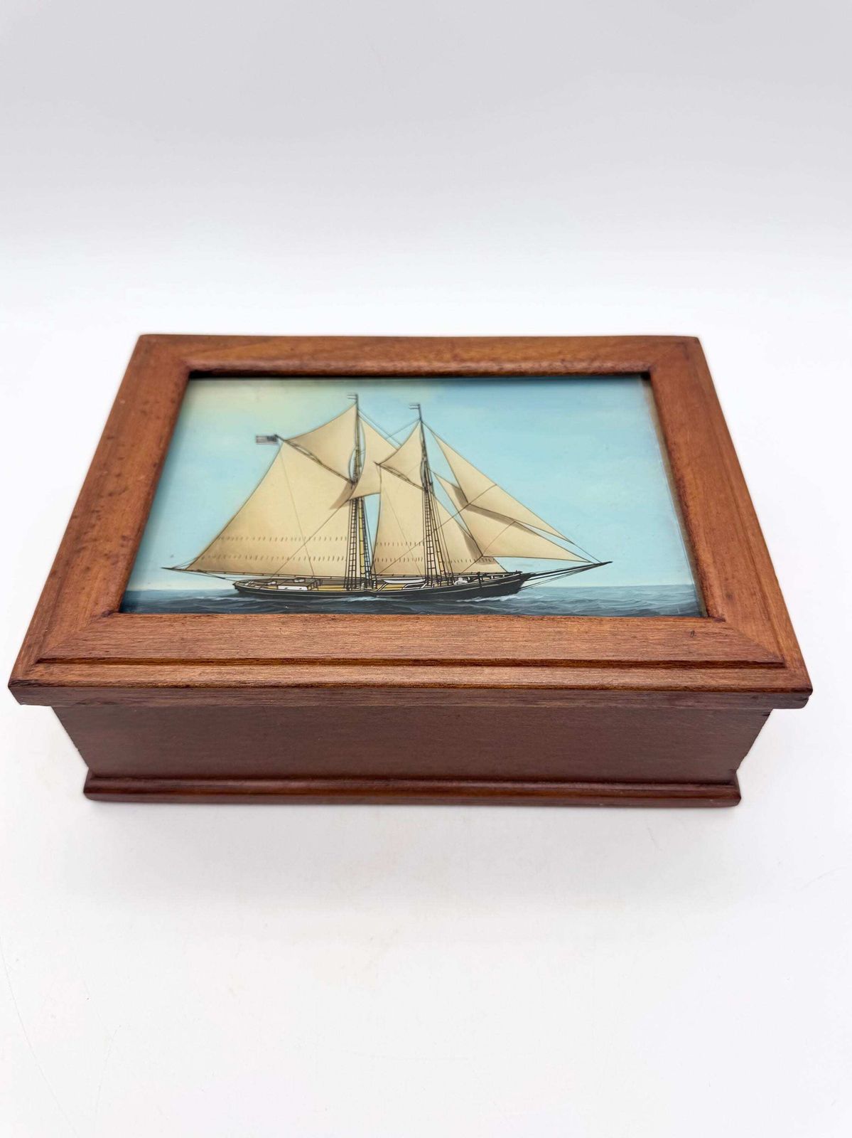 Vintage Small Wooden Box With Clipper Ship On Lid, Jewellery Box,Glass Painted Lid