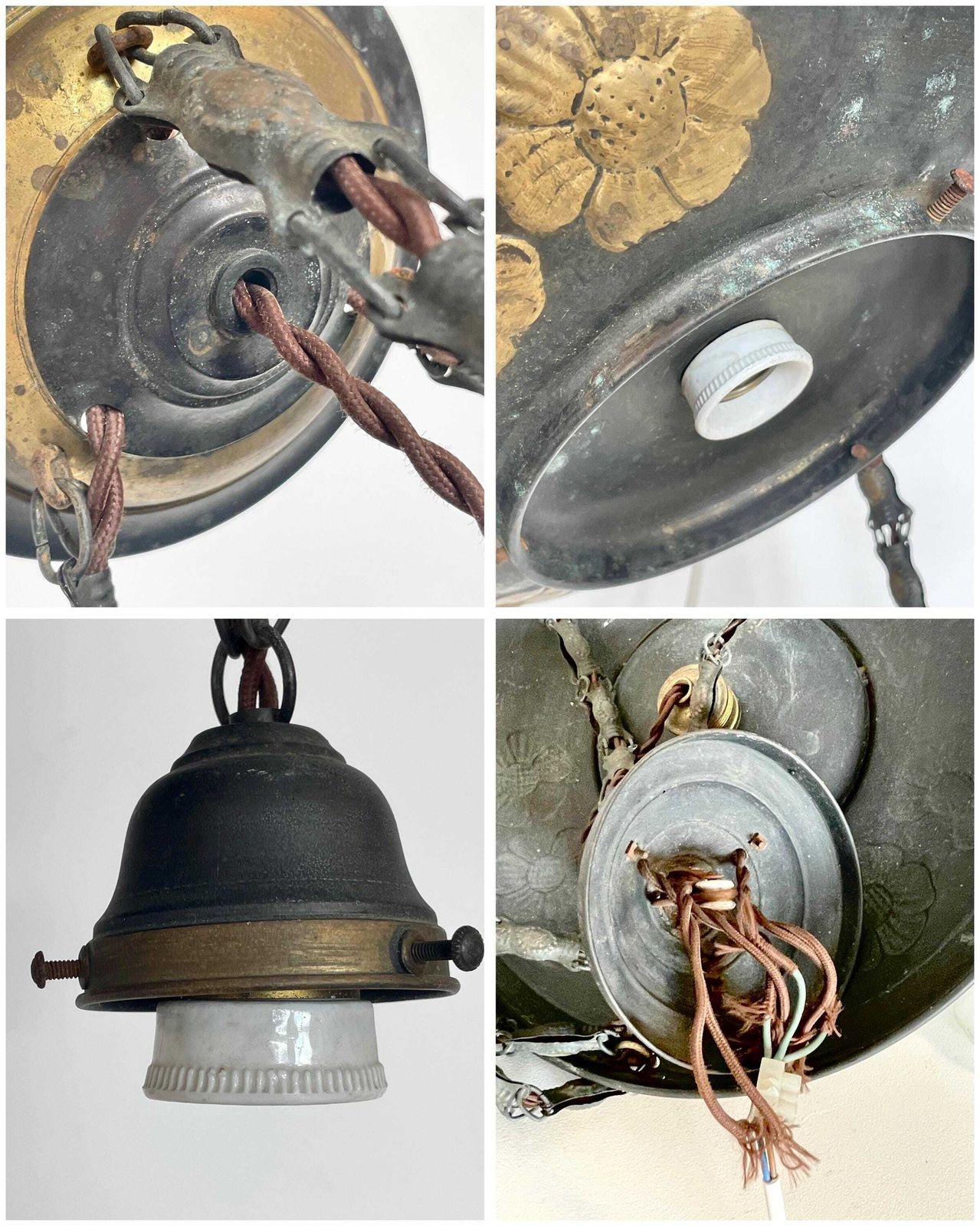 photo for sale Exclusive Large Antique Art Deco Patinated Brass Chandelier With Vintage White Opal Glass Shades And Elegant Design Details