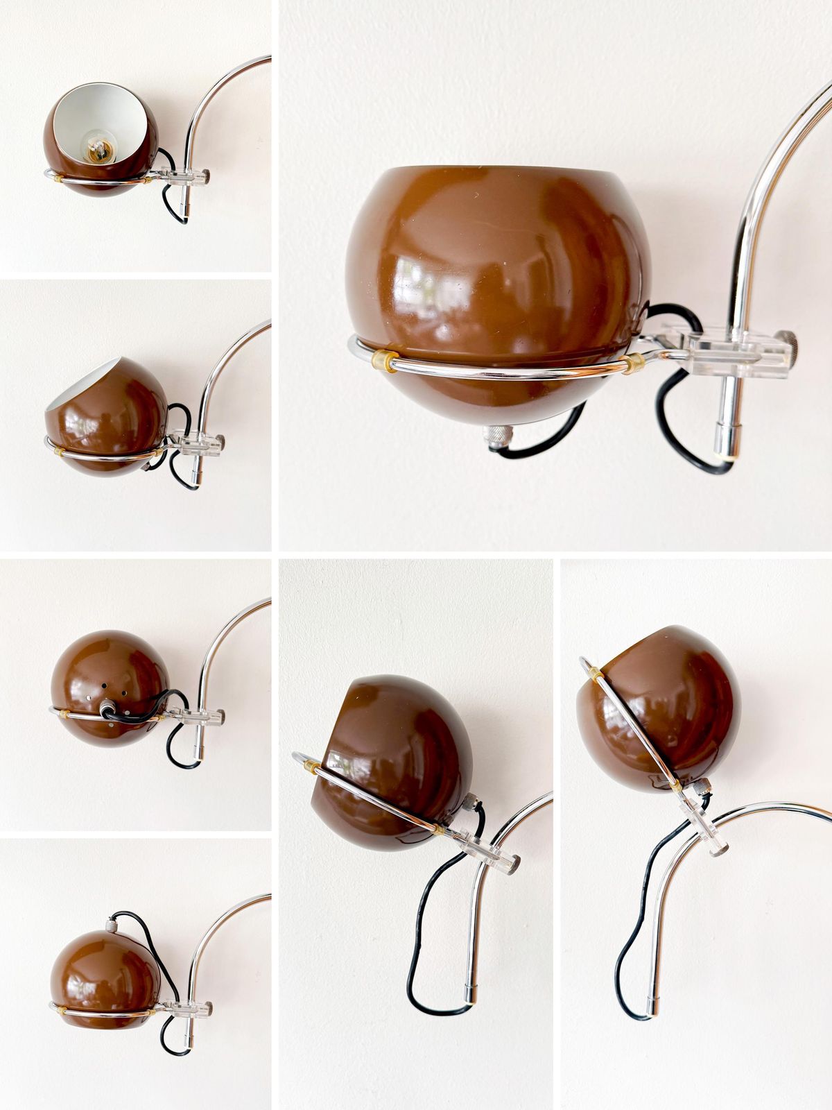 Vintage Mushroom Arc Wall Lamp   Brown / Chrome   Dutch Design By 'Gepo | Posthuma Brothers'   Space Age   Mid Century   Globe   Eye Ball photo Lighting