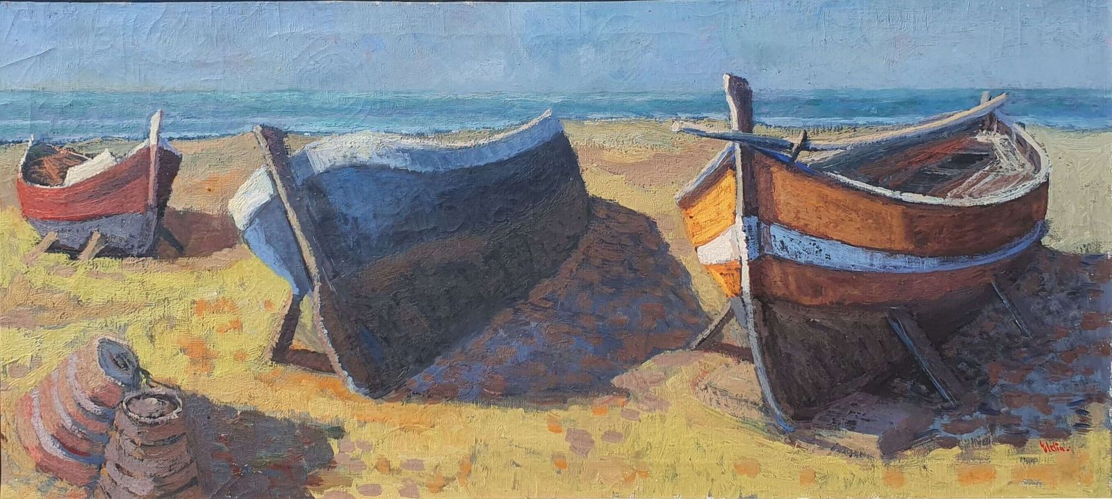A Swedish Mid Century Oil On Canvas. Boats On A Foreshore By Henry Eldin photo furniture
