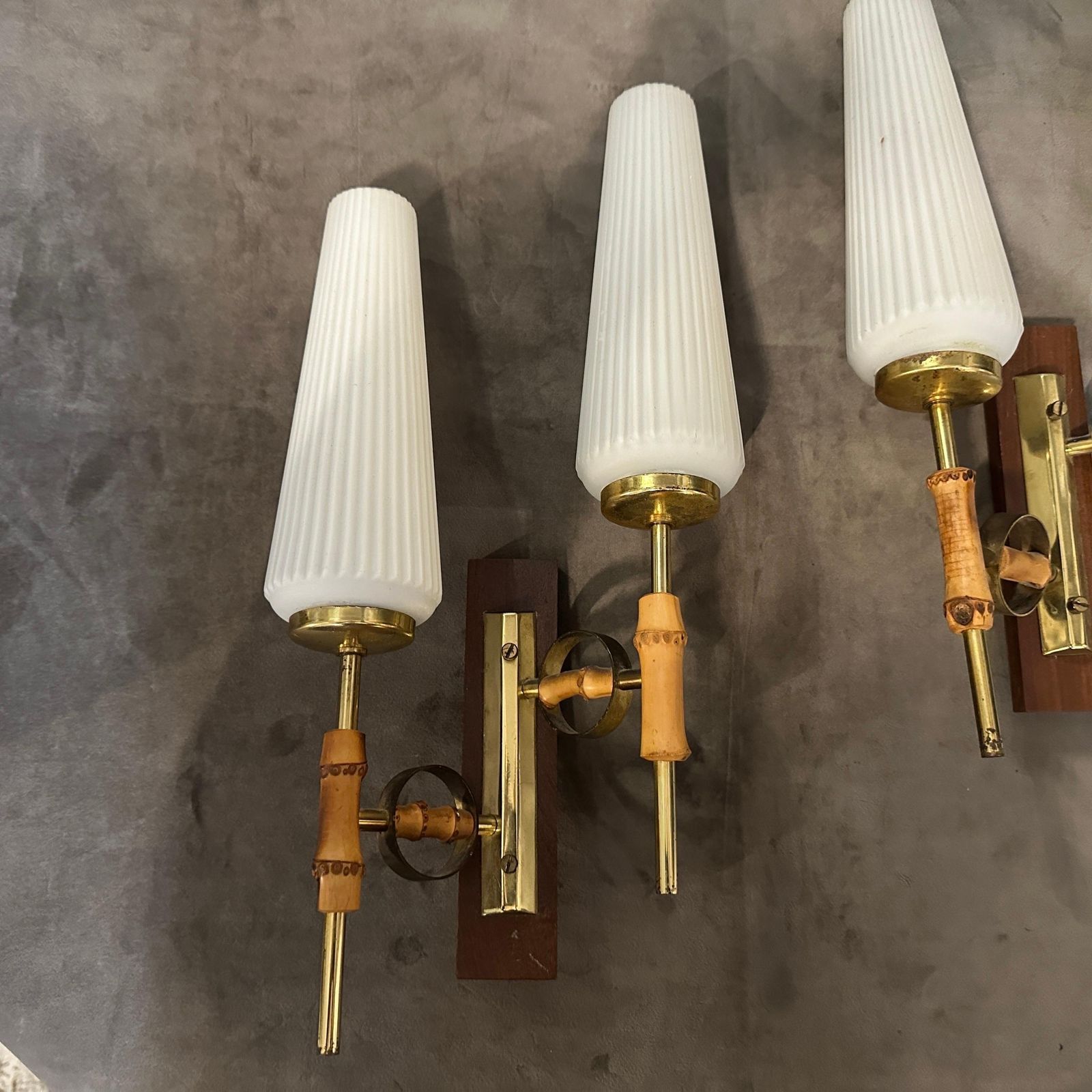 1075.0 Set Of Two 1950s Mid Century Modern Brass, Bamboo And Glass Italian Wall Sconces photo