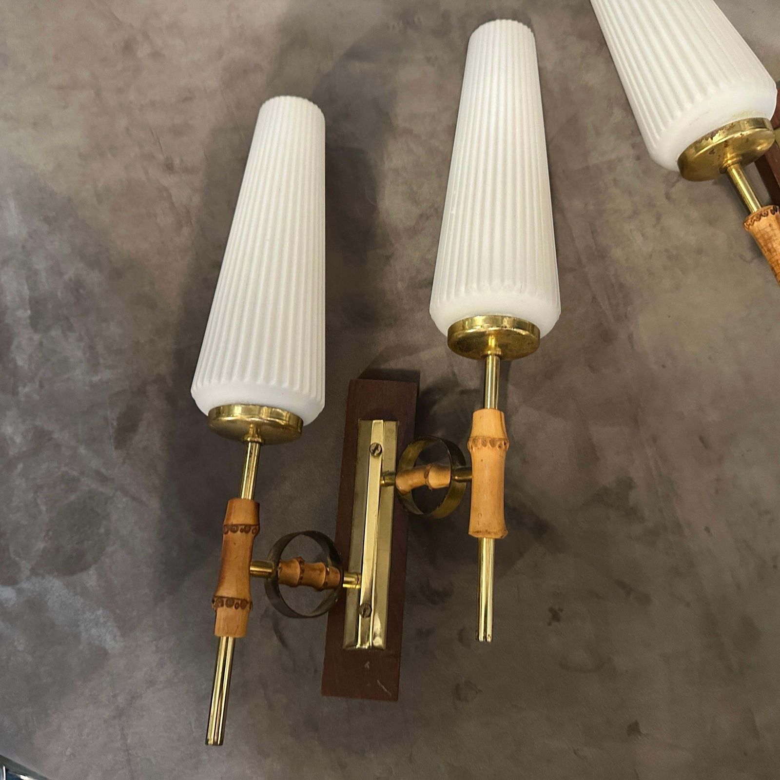 photo buy Set Of Two 1950s Mid Century Modern Brass, Bamboo And Glass Italian Wall Sconces