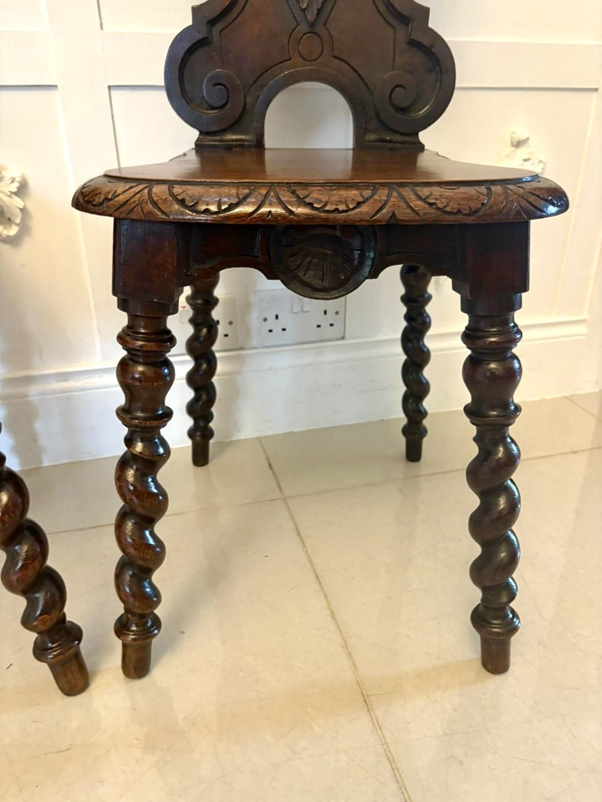 Pair Of Antique 19th Century Quality Carved Oak Hall Chairs photo vinterior
