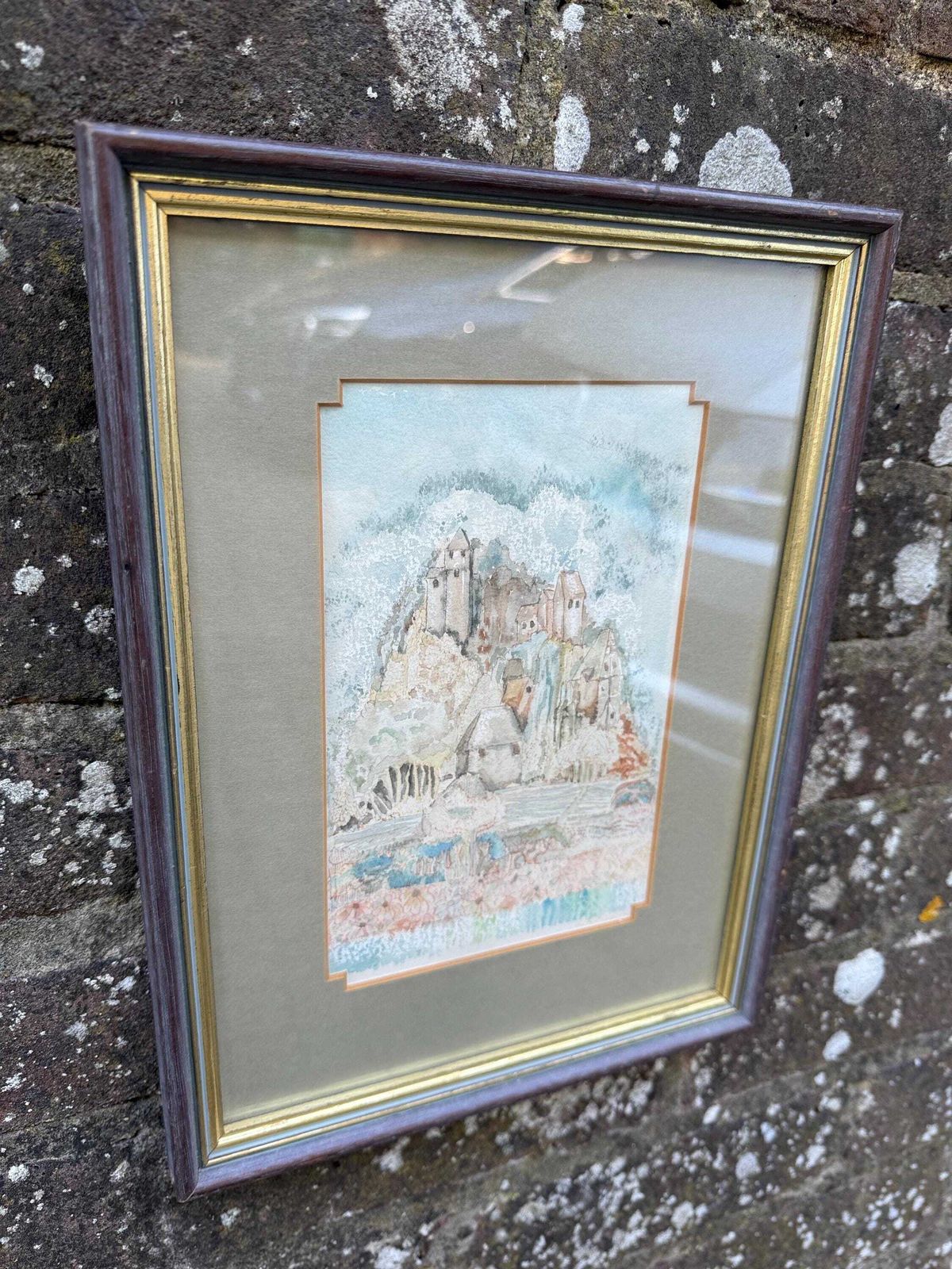 Vintage Original French Village Watercolour, Naive Style, Framed Pastoral Countryside Scene, Soft Impressionist Style Artwork photo vintage