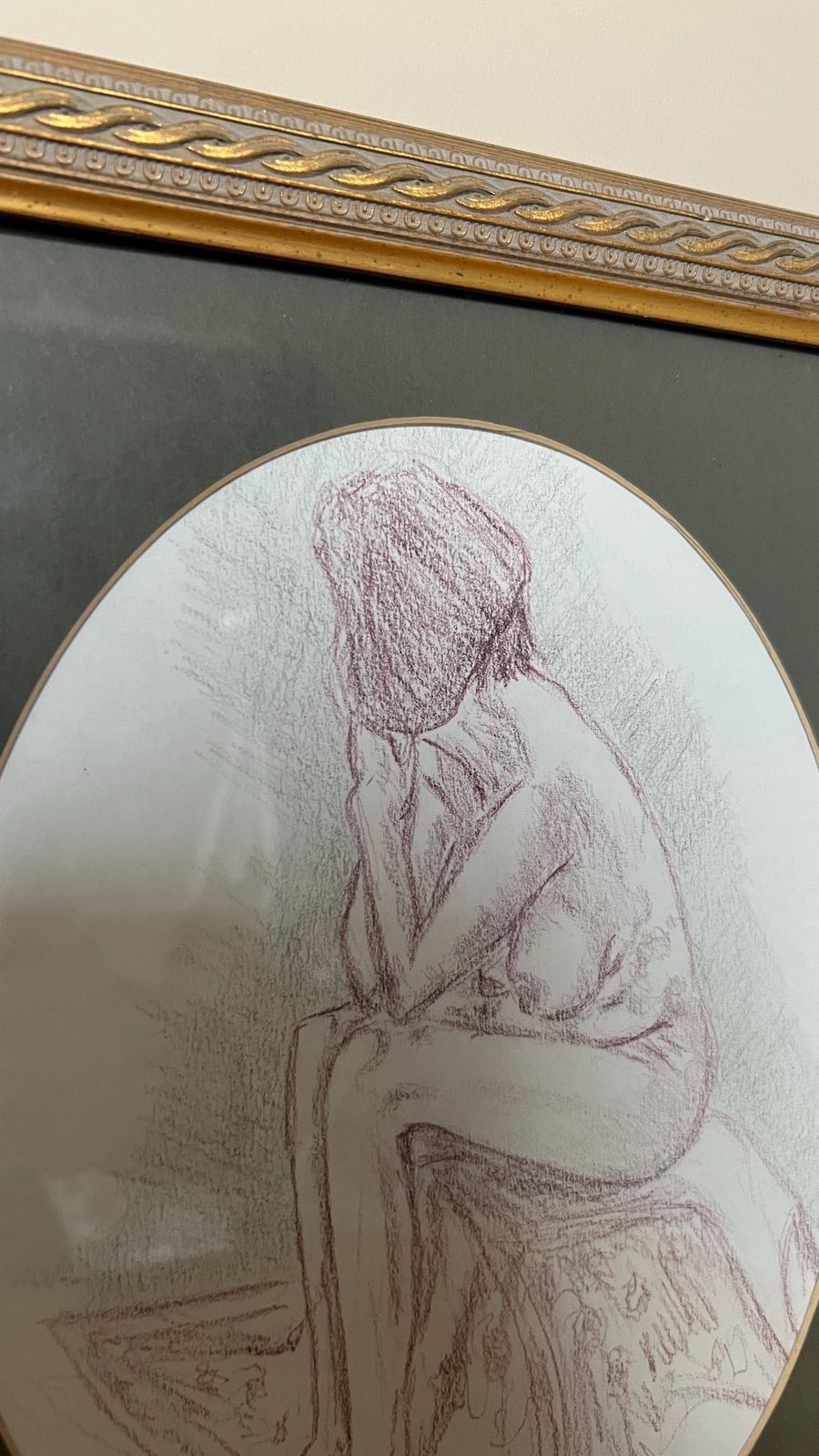 Contemporary Original Nude Study – Seated Female Figure Drawing In Ornate Golden Frame photo for sale