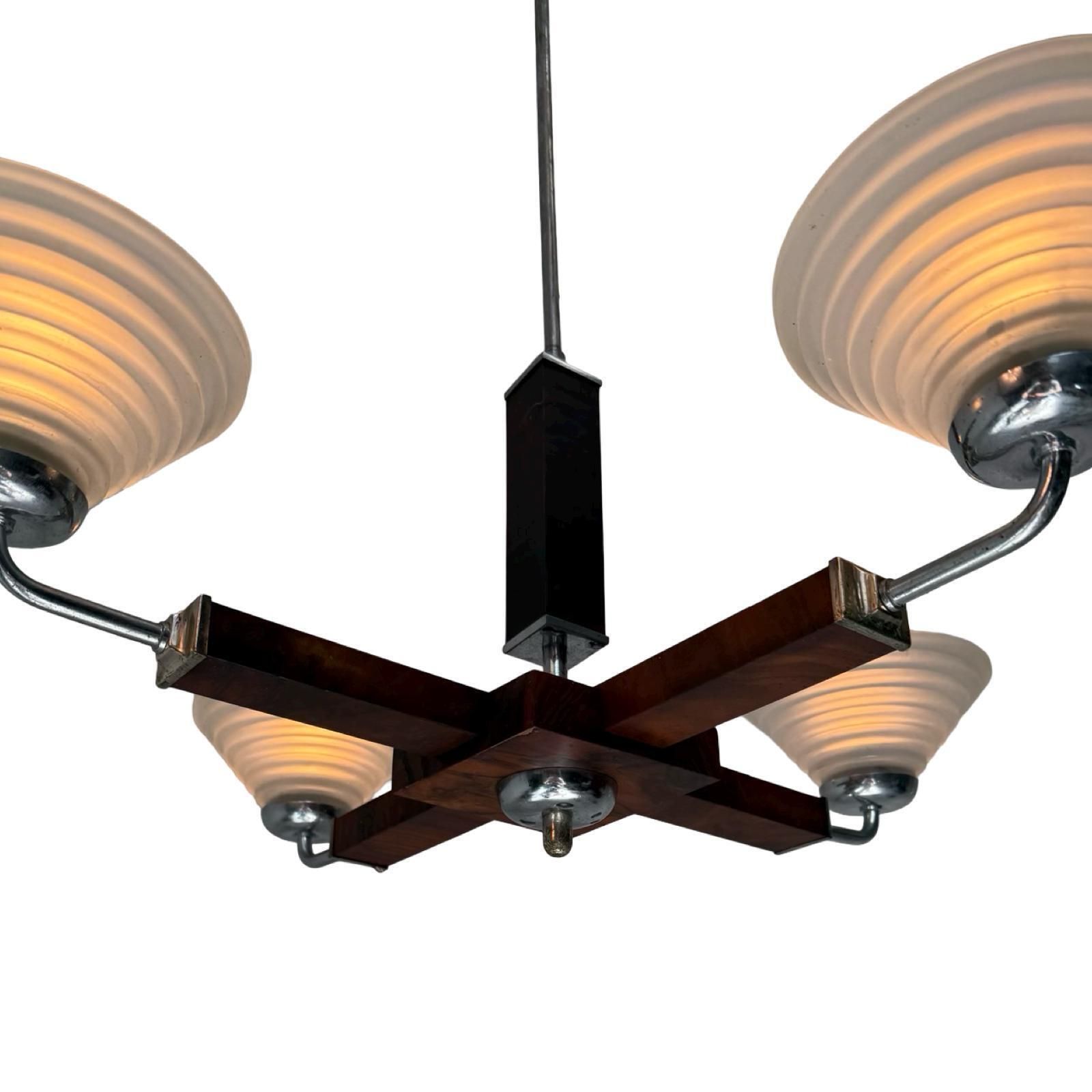 Art Deco Chandelier   Approx. 1930, Czechoslovakia   Satin Glass, Walnut Veneer And Chromed Metal Frame   4 Bulbs photo buy