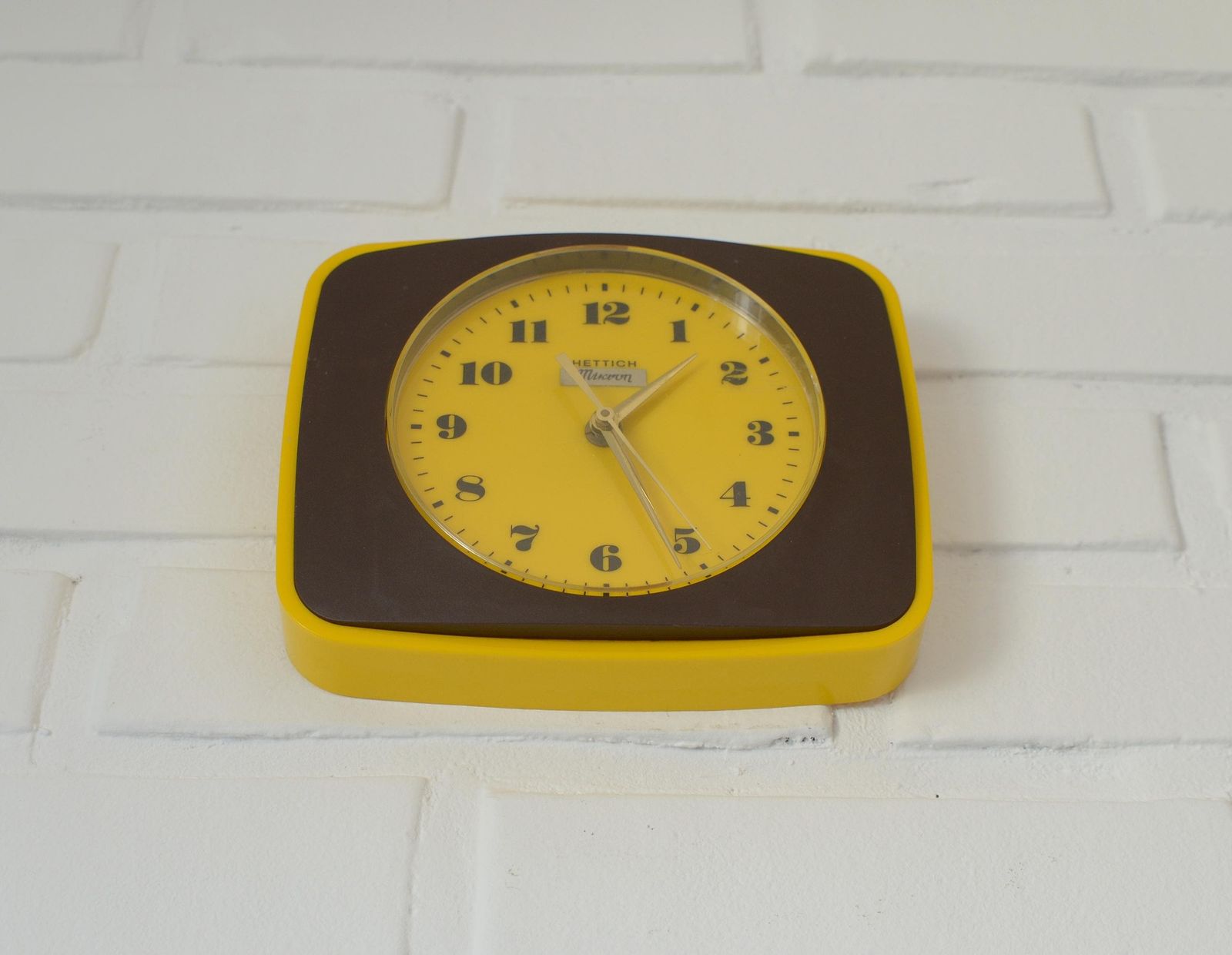 Vintage Wall Clock / Space Age / Retro Home Decor / Yellow And Brown Plastic / Hettich Germany 1970's / Mid Century Modern / Working Clock photo for sale